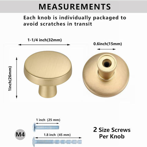 10 Pack 1-1/4 Inch Brushed Brass Kitchen Cabinet Knobs,Solid Dresser Knobs Drawer Knobs For Cupboard Drawer Pulls