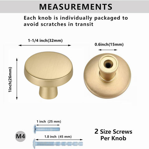 1-1/4 Inch Brushed Brass Kitchen Cabinet Knobs,Solid Dresser Knobs Drawer Knobs For Cupboard Drawer Pulls