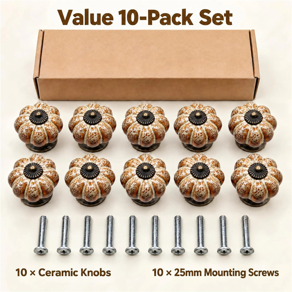 10 Pack Leopard White Ceramic Pumpkin Knobs, Color Glaze Dresser Drawer Pulls