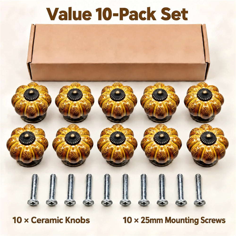 10 Pack Leopard Yellow Ceramic Pumpkin Knobs, Color Glaze Dresser Drawer Pulls