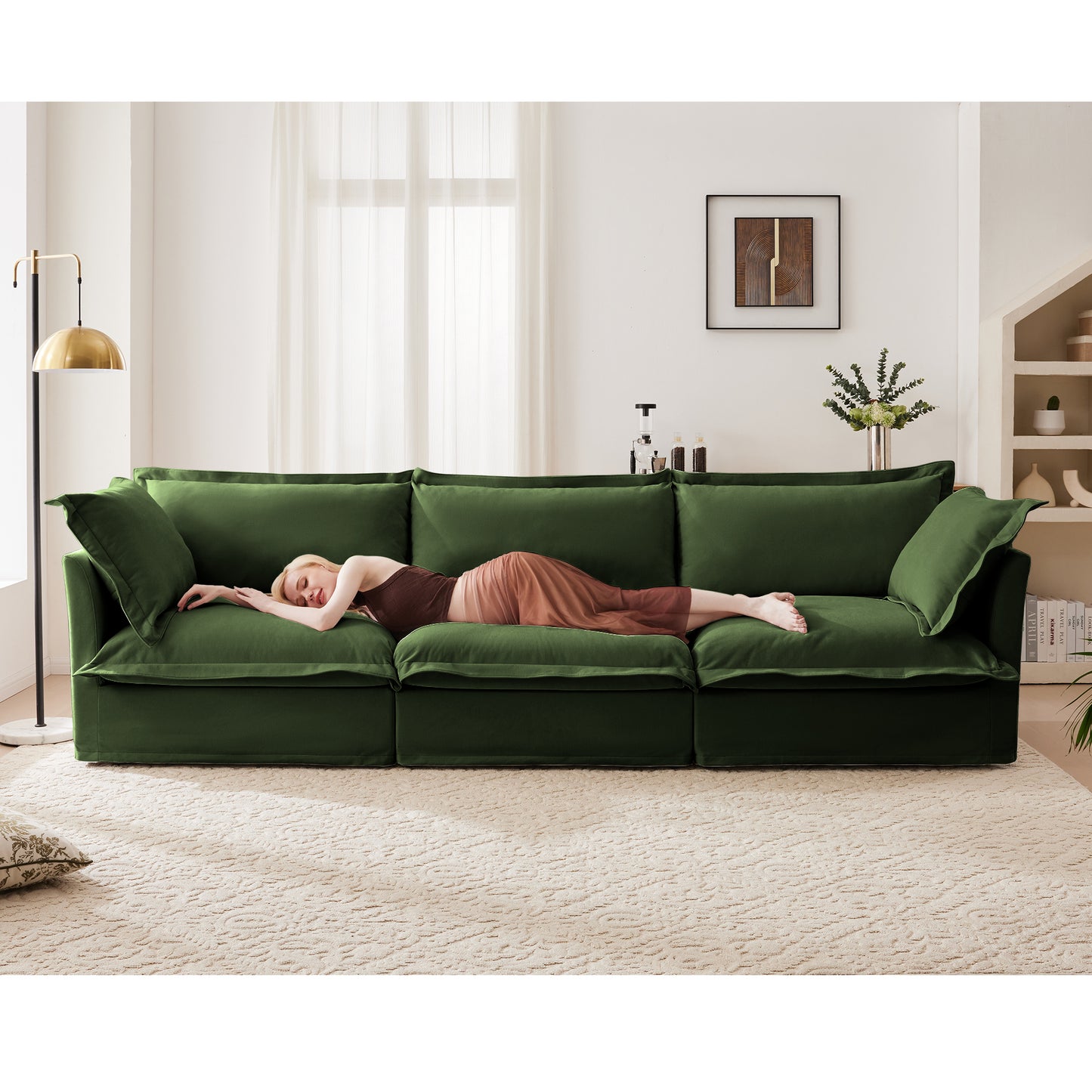 Modern 3 Seater Sofa, Upholstered Sectional Sofa with Armrest, Comfy Couches for Living Room, Apartment, Home Office (Chenille Fabric, Green)