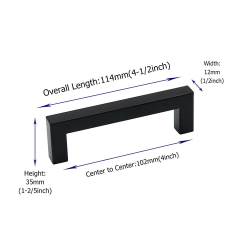 10 Pack 4 Inch(102mm) Hole Centers Matte Black Square Cabinet Handles