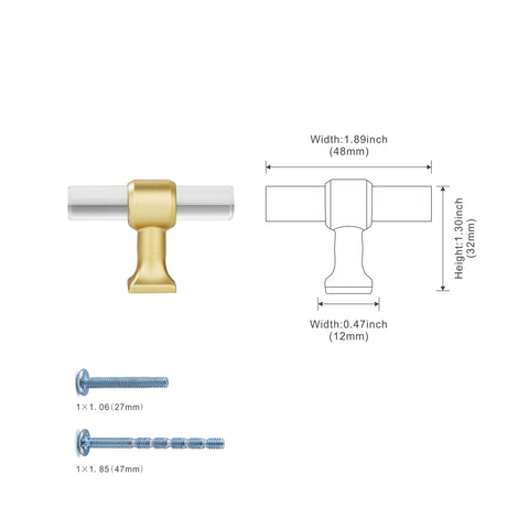 1 Pack Clear Acrylic Cabinet Knobs,Brushed Brass Drawer Knobs,Modern T Bar Gold Cabinet Knobs for Dresser Drawers Cupboard Wardrobe