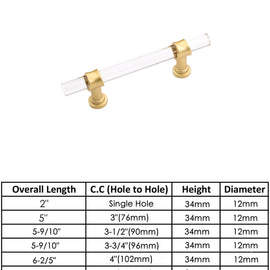 Brushed Brass Cabinet Pulls Arcylic Drawer Pulls - Acrylic Round Bar Series - Hole Centers(2-1/2 Inch，64mm)
