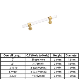 Brushed Brass Cabinet Pulls Dresser Drawer Handles - Acrylic Round Bar Series - Hole Centers(3-1/2 Inch，90mm)