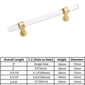 Brushed Brass Cabinet Pulls Arcylic Drawer Pulls - Acrylic Round Bar Series - Hole Centers(Knob,2.5