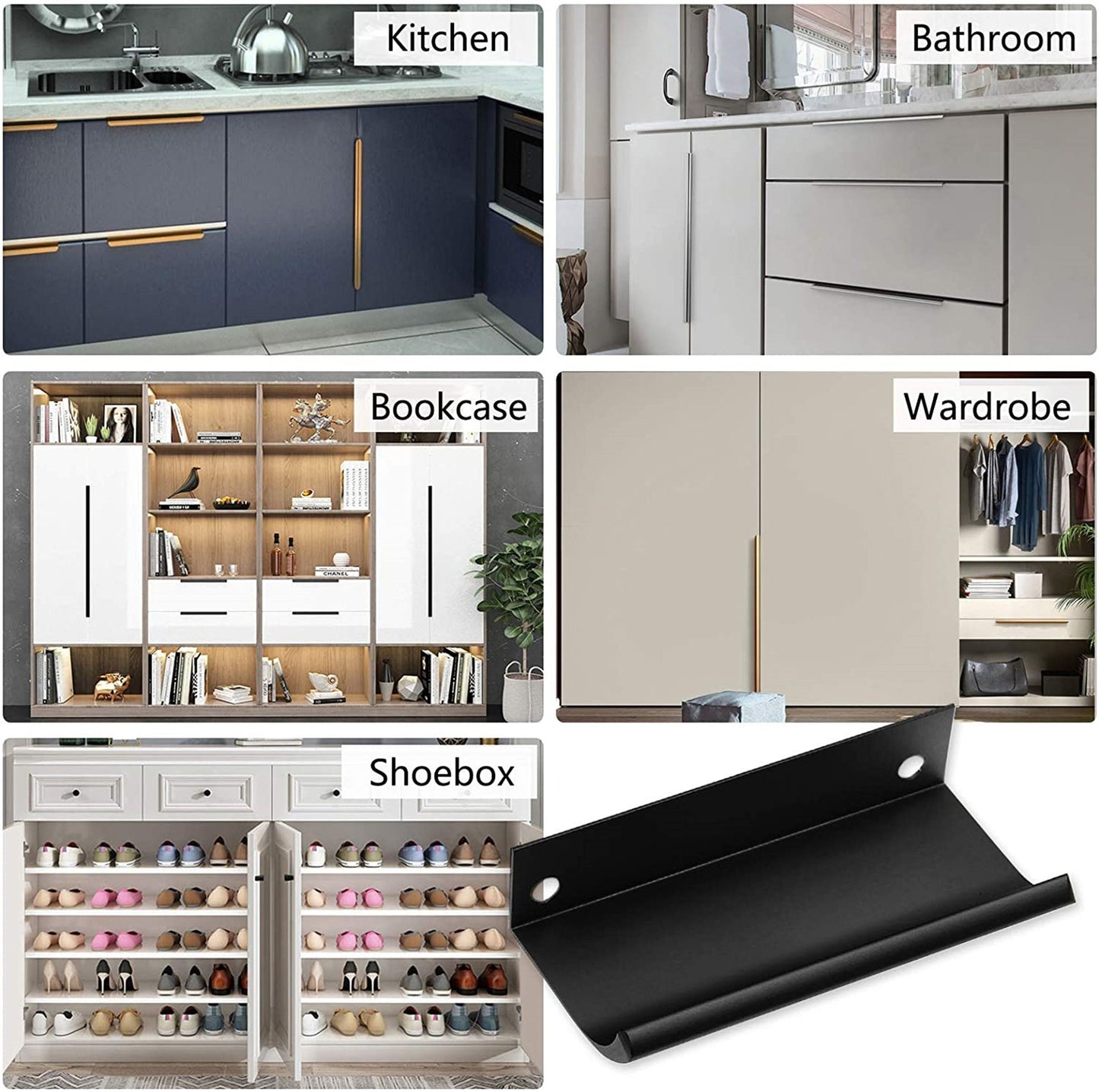 Modern Finger Edge Pulls Tab Pulls,Aluminum Alloy Hidden Handles Kitchen Cupboard Furniture Hardware - (Black,CC: 76mm)