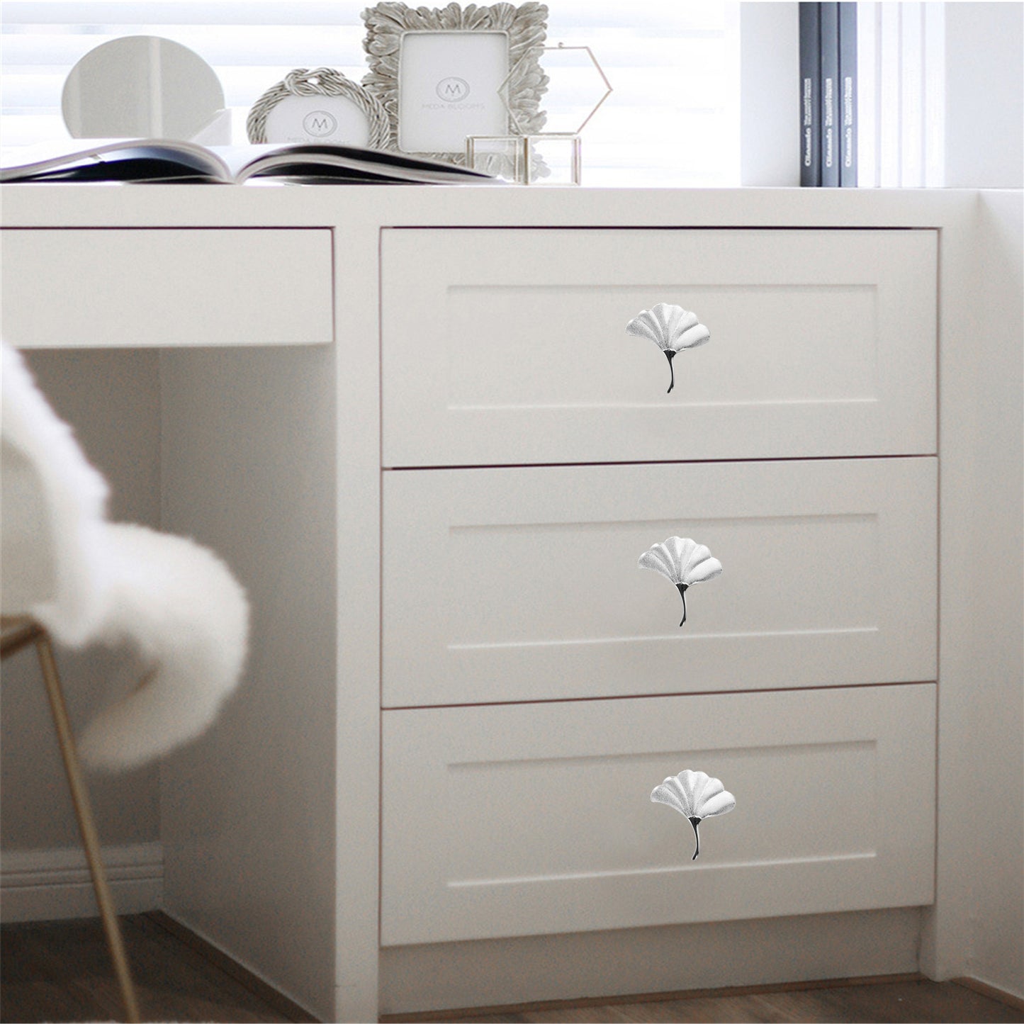 Ginkgo Leaf Drawer Knobs Modern Cabinet Pull Handle for Wardrobe Cupboard Drawer Bookcase Furniture (Small，Silver)