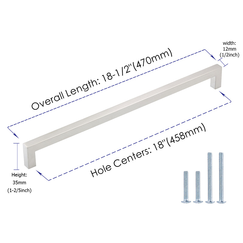 18 Inch(Center To Center) Modern Square Cabinet Handles (458mm，Brushed Nickel)