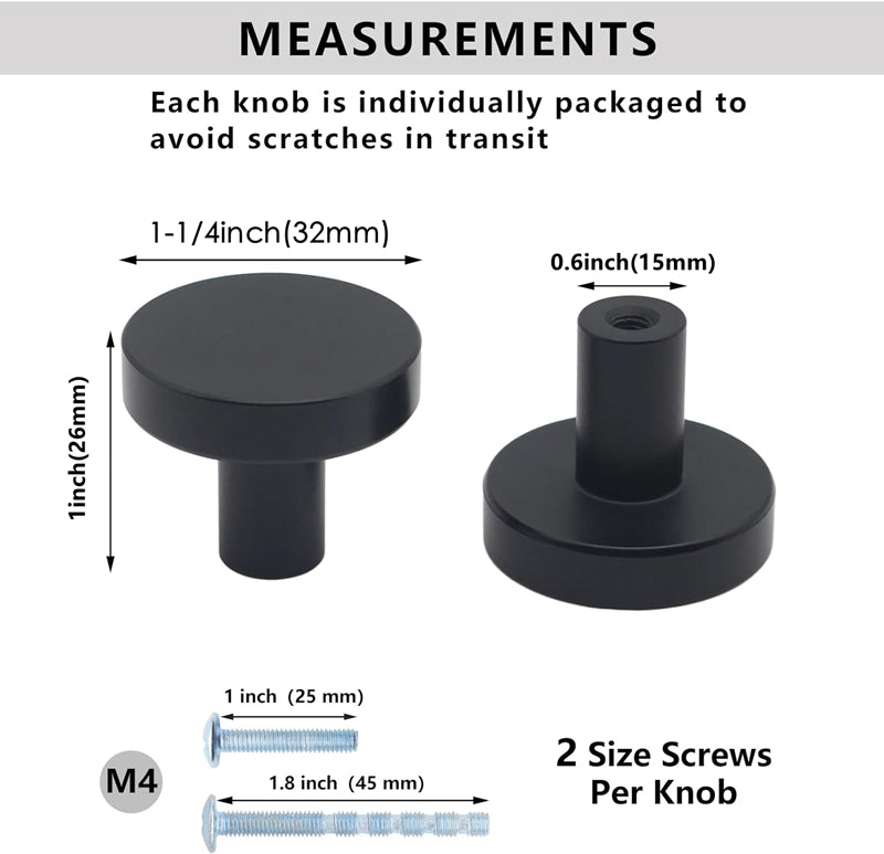 10 Pack 1-1/4 Inch Matte Black Kitchen Cabinet Knobs，Solid Dresser Knobs Drawer Knobs for Cupboard Drawer Pulls