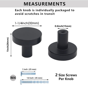 1-1/4 Inch Matte Black Kitchen Cabinet Knobs，Solid Dresser Knobs Drawer Knobs for Cupboard Drawer Pulls