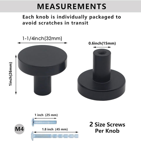 10 Pack 1-1/4 Inch Matte Black Kitchen Cabinet Knobs，Solid Dresser Knobs Drawer Knobs for Cupboard Drawer Pulls