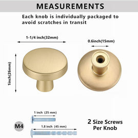 10 Pack 1-1/4 Inch Brushed Brass Kitchen Cabinet Knobs，Solid Dresser Knobs Drawer Knobs For Cupboard Drawer Pulls