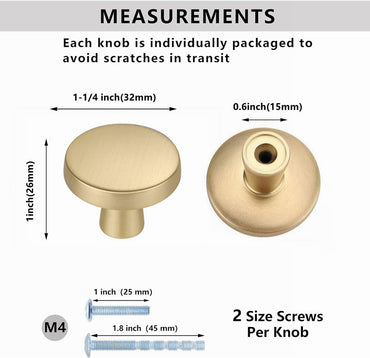 10 Pack 1-1/4 Inch Brushed Brass Kitchen Cabinet Knobs，Solid Dresser Knobs Drawer Knobs For Cupboard Drawer Pulls