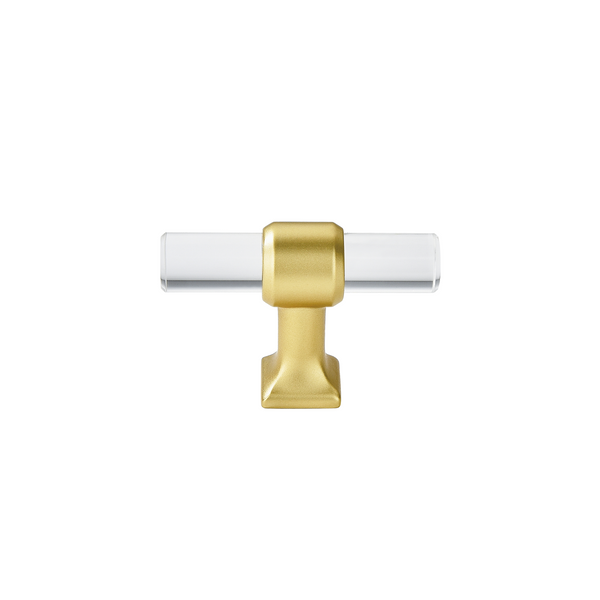 1 Pack Clear Acrylic Cabinet Knobs，Brushed Brass Drawer Knobs，Modern T Bar Gold Cabinet Knobs for Dresser Drawers Cupboard Wardrobe