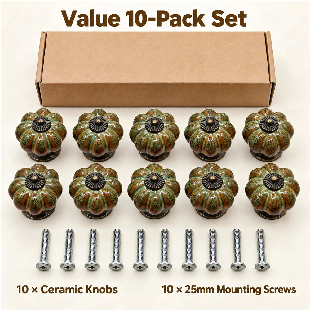 10 Pack Leopard White Ceramic Pumpkin Knobs，Color Glaze Dresser Drawer Pulls