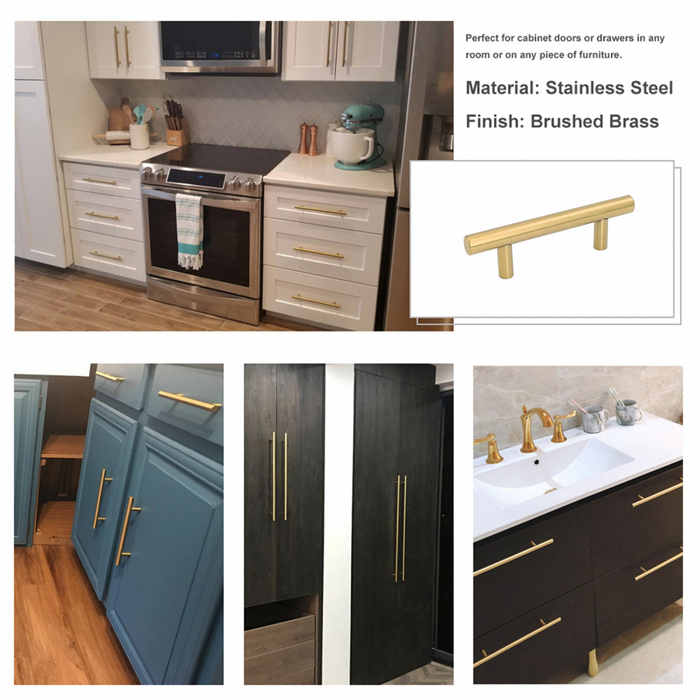 10 Pack 2.75"(70mm) Center to Center Brushed Brass Stainless Steel Kitchen Drawer Pulls