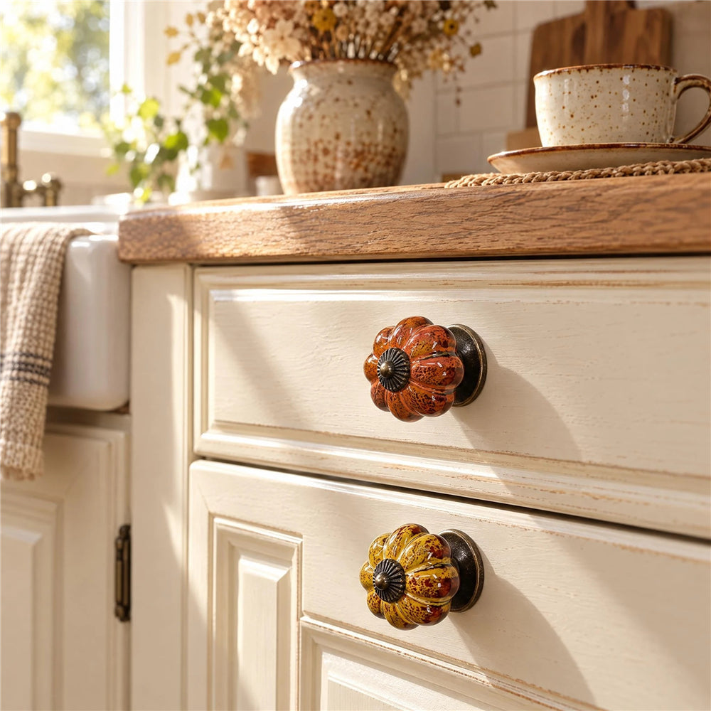 10 Pack Leopard White Ceramic Pumpkin Knobs，Color Glaze Dresser Drawer Pulls