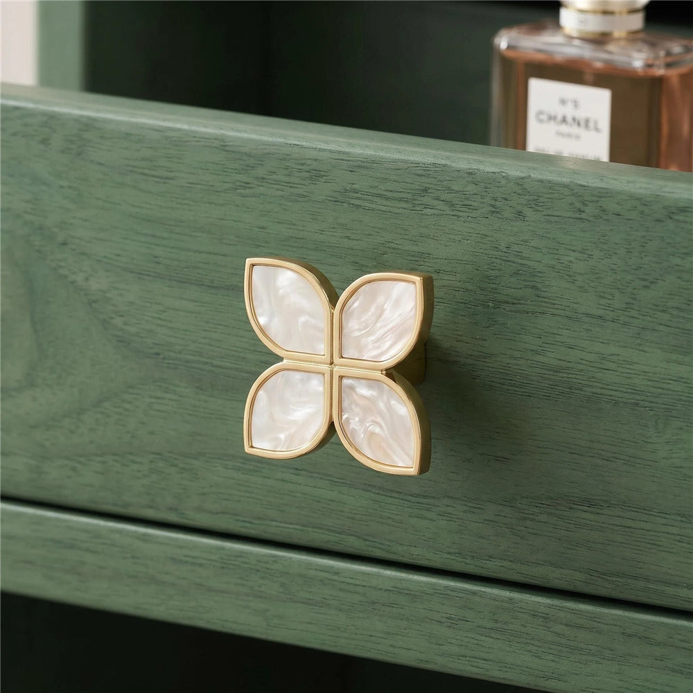 Petal Cabinet Knobs, Gold Dresser Drawers Knobs, Four Leaf Clover Decorative Knobs For Furniture Cupboard Hardware (Large, Snowflake White)