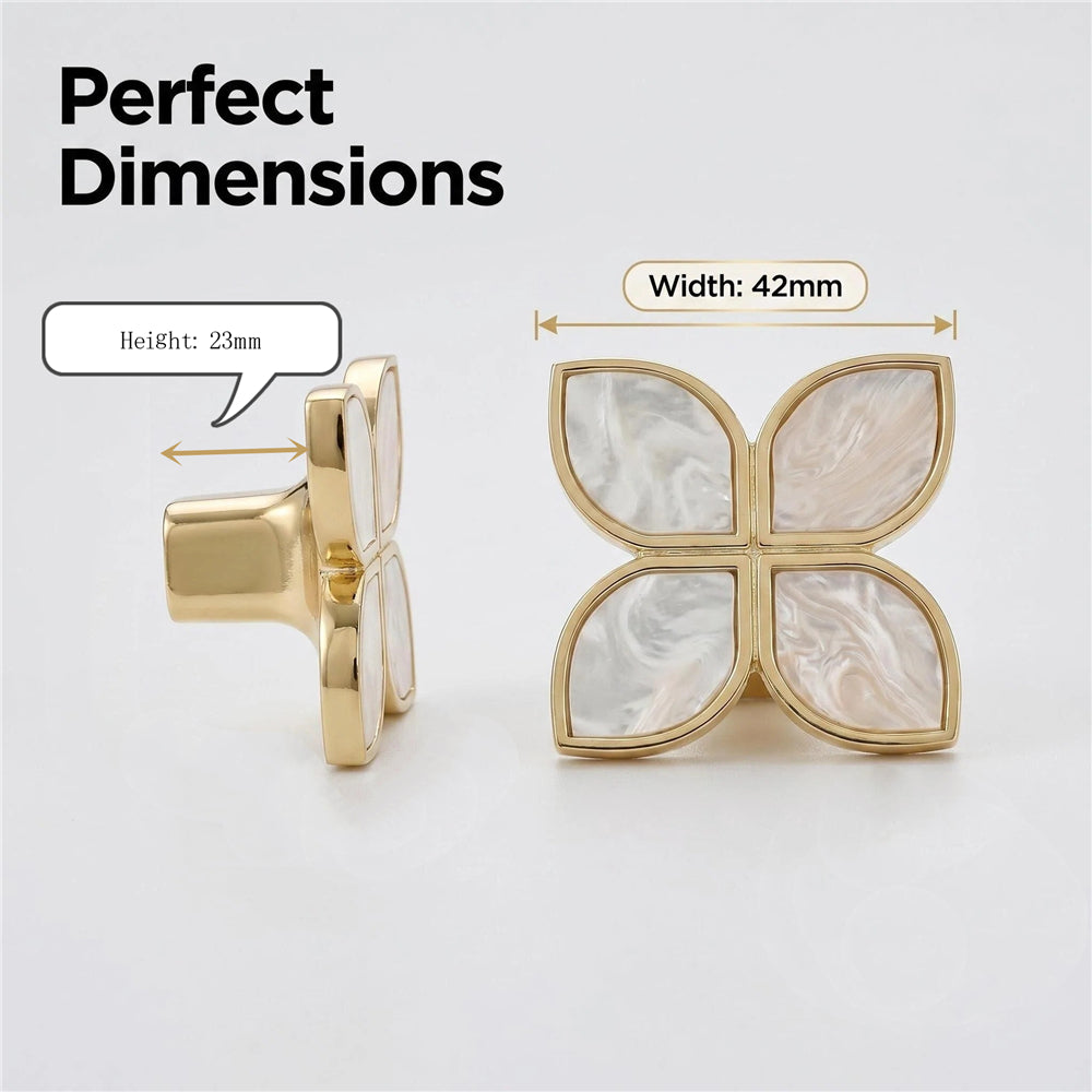 Petal Cabinet Knobs, Gold Dresser Drawers Knobs, Four Leaf Clover Decorative Knobs For Furniture Cupboard Hardware (Large, Snowflake White)