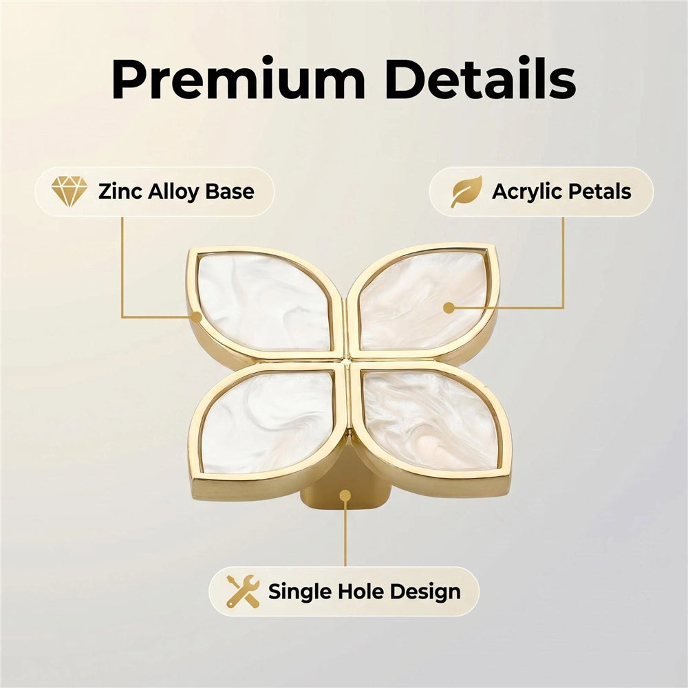 Petal Cabinet Knobs, Gold Dresser Drawers Knobs, Four Leaf Clover Decorative Knobs For Furniture Cupboard Hardware (Large, Snowflake White)