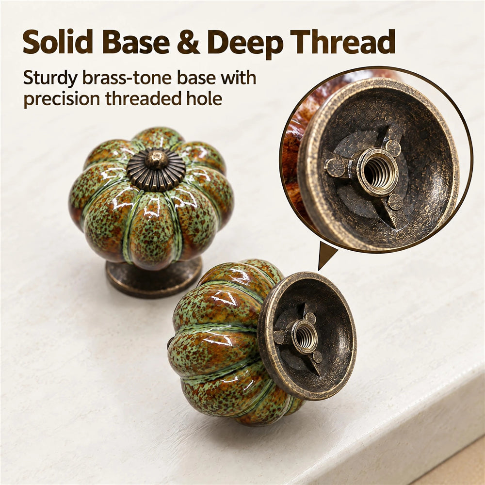 10 Pack Leopard Green Ceramic Pumpkin Knobs, Color Glaze Dresser Drawer Pulls