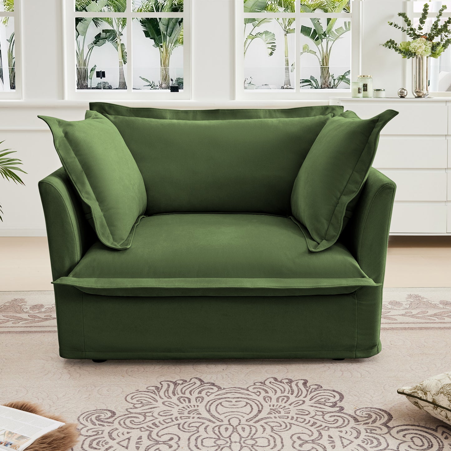 Single Deep Seat Comfy Single Couch Sofa Multiple Large Soft Pillows (Chenille Fabric, Green)