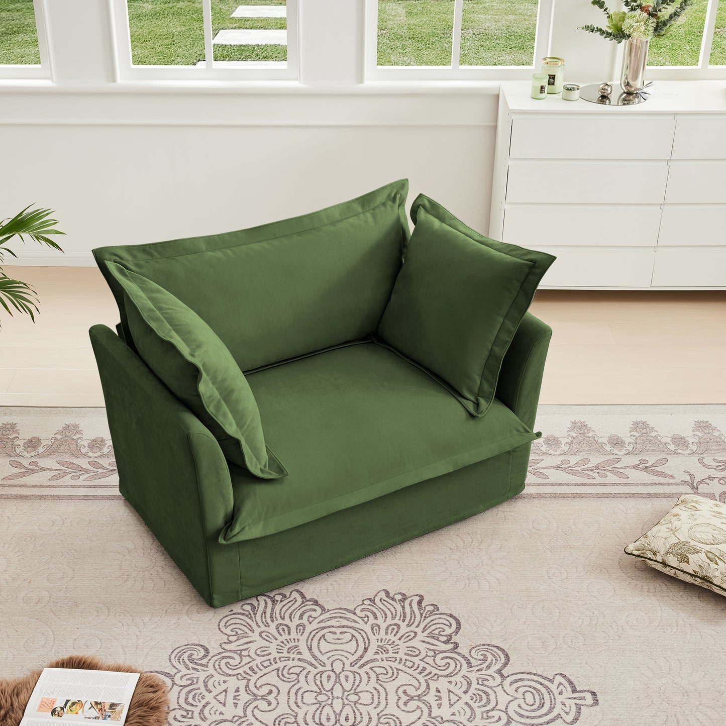 Single Deep Seat Comfy Single Couch Sofa Multiple Large Soft Pillows (Chenille Fabric, Green)