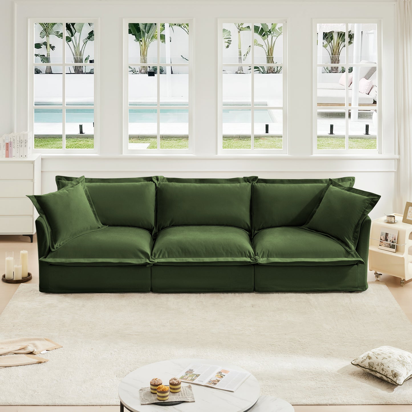 Modern 3 Seater Sofa, Upholstered Sectional Sofa with Armrest, Comfy Couches for Living Room, Apartment, Home Office (Chenille Fabric, Green)