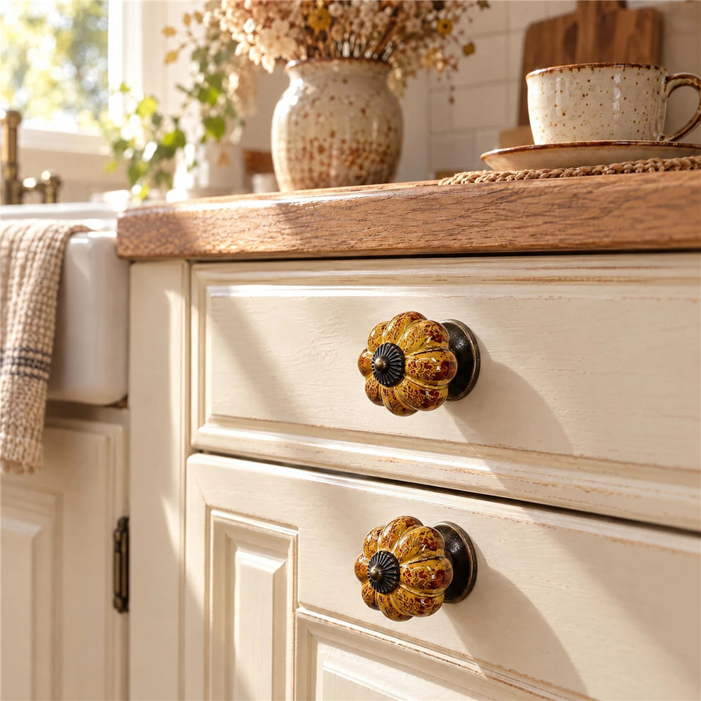 10 Pack Leopard Yellow Ceramic Pumpkin Knobs, Color Glaze Dresser Drawer Pulls