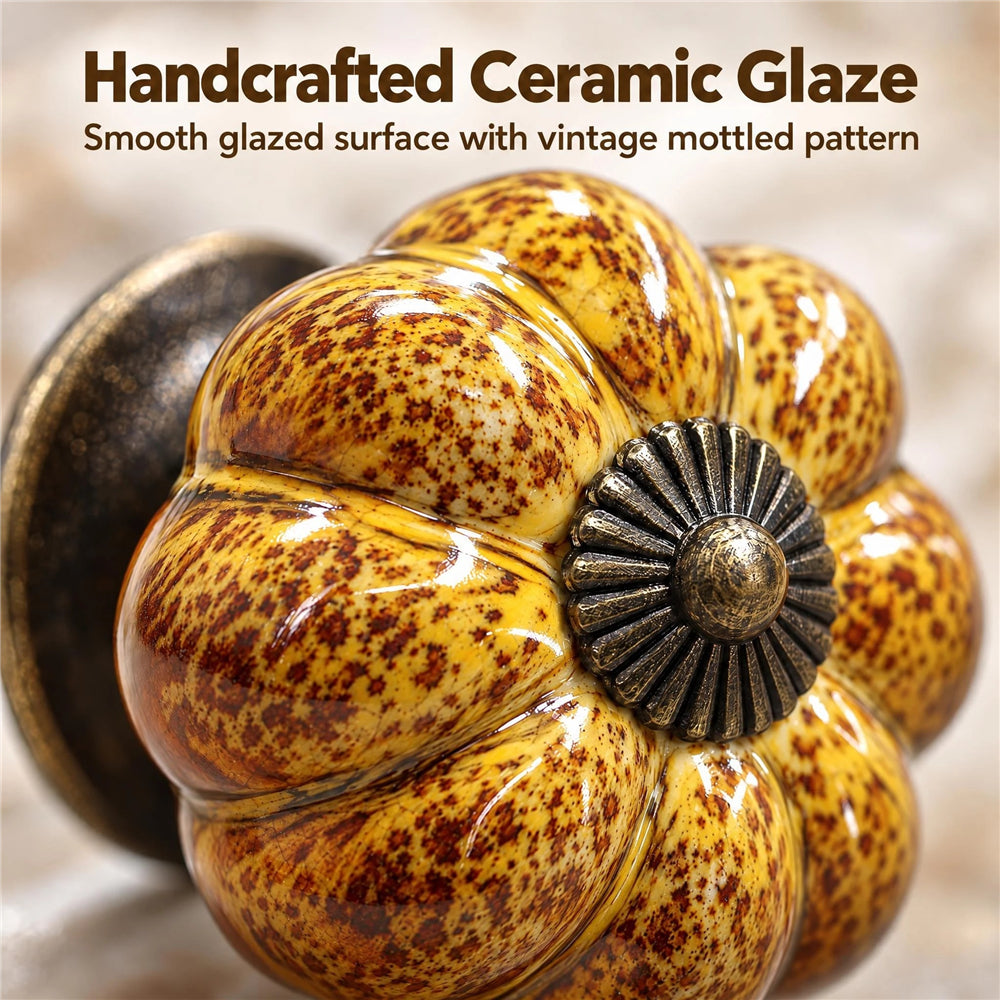 10 Pack Leopard Yellow Ceramic Pumpkin Knobs, Color Glaze Dresser Drawer Pulls