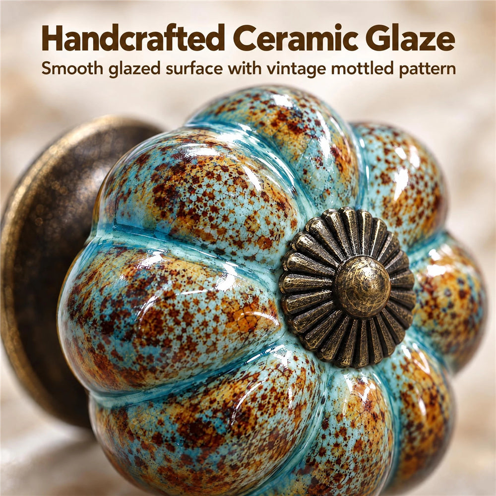 10 Pack Leopard Blue Ceramic Pumpkin Knobs, Color Glaze Dresser Drawer Pulls