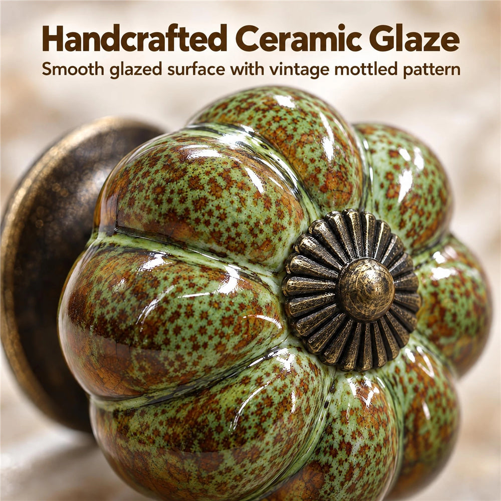 10 Pack Leopard Green Ceramic Pumpkin Knobs, Color Glaze Dresser Drawer Pulls