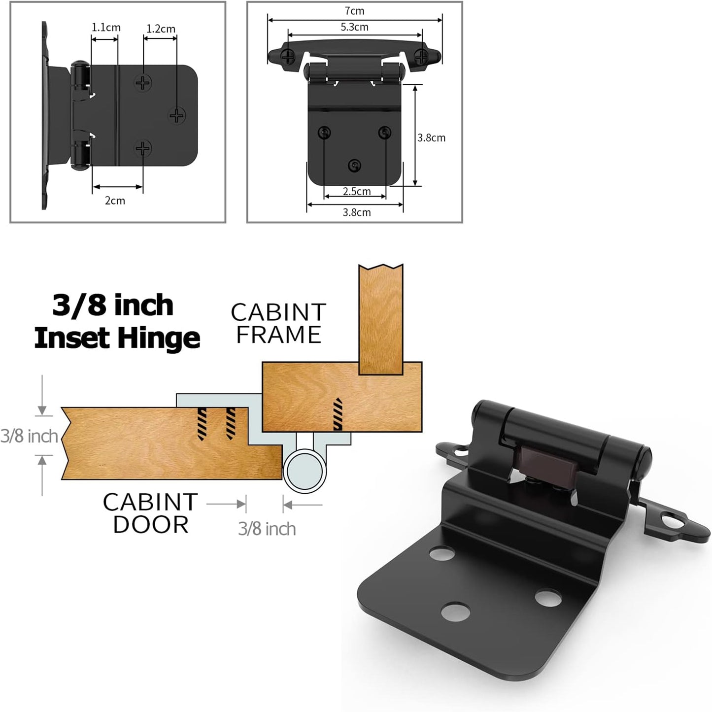 10 Pairs 3/8" Inset Matte Black Cabinet Hinge，Offset Self Closing Black Cabinet Hinges(10 Pairs - 20 Pcs)