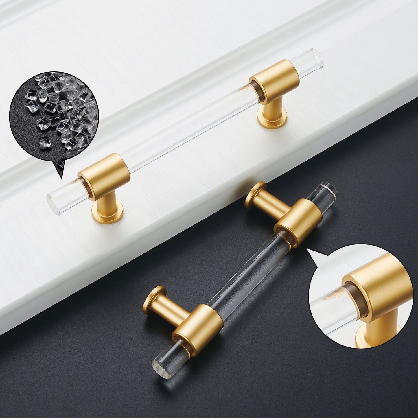 10 Pack 3 inch(C-C) Brushed Brass Cabinet Pulls Arcylic Drawer Pulls (76mm，Hole Center)
