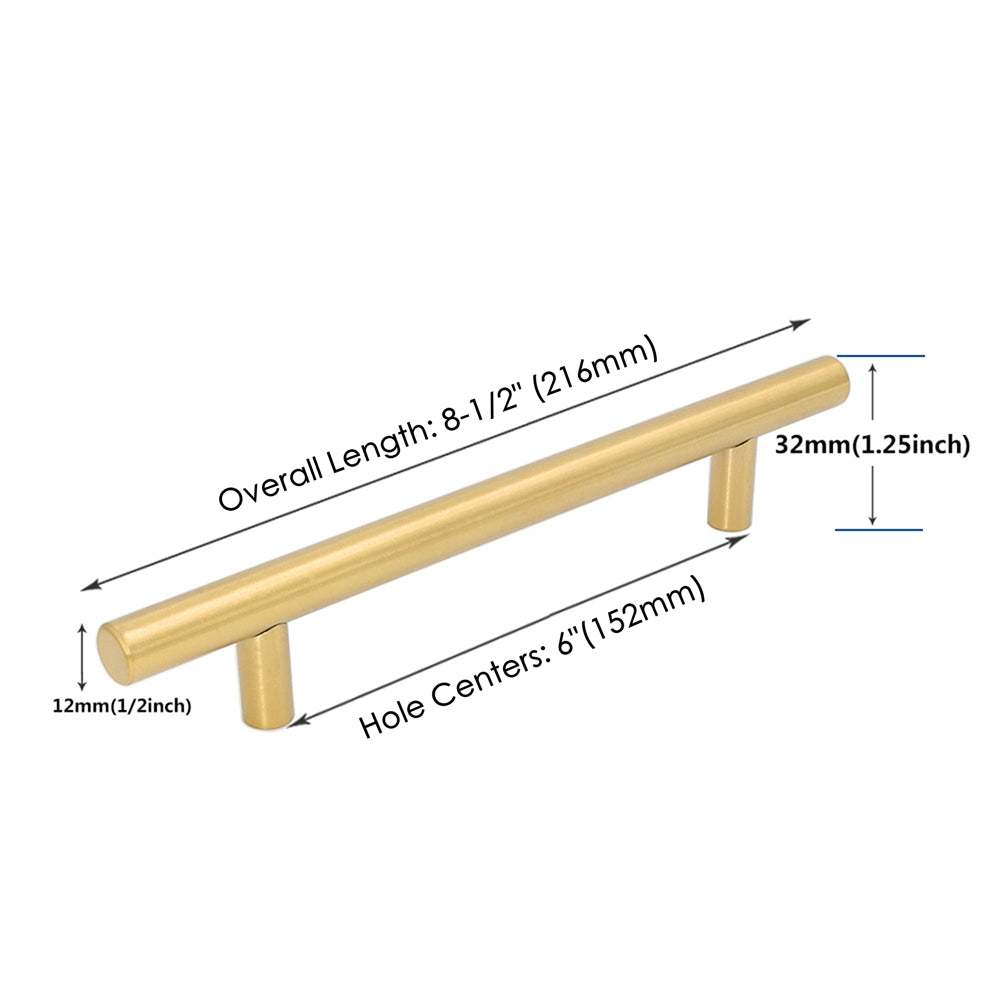 6"(152mm) Center To Center Brushed Brass Cabinet Pulls (8-1/2" Length，Gold)
