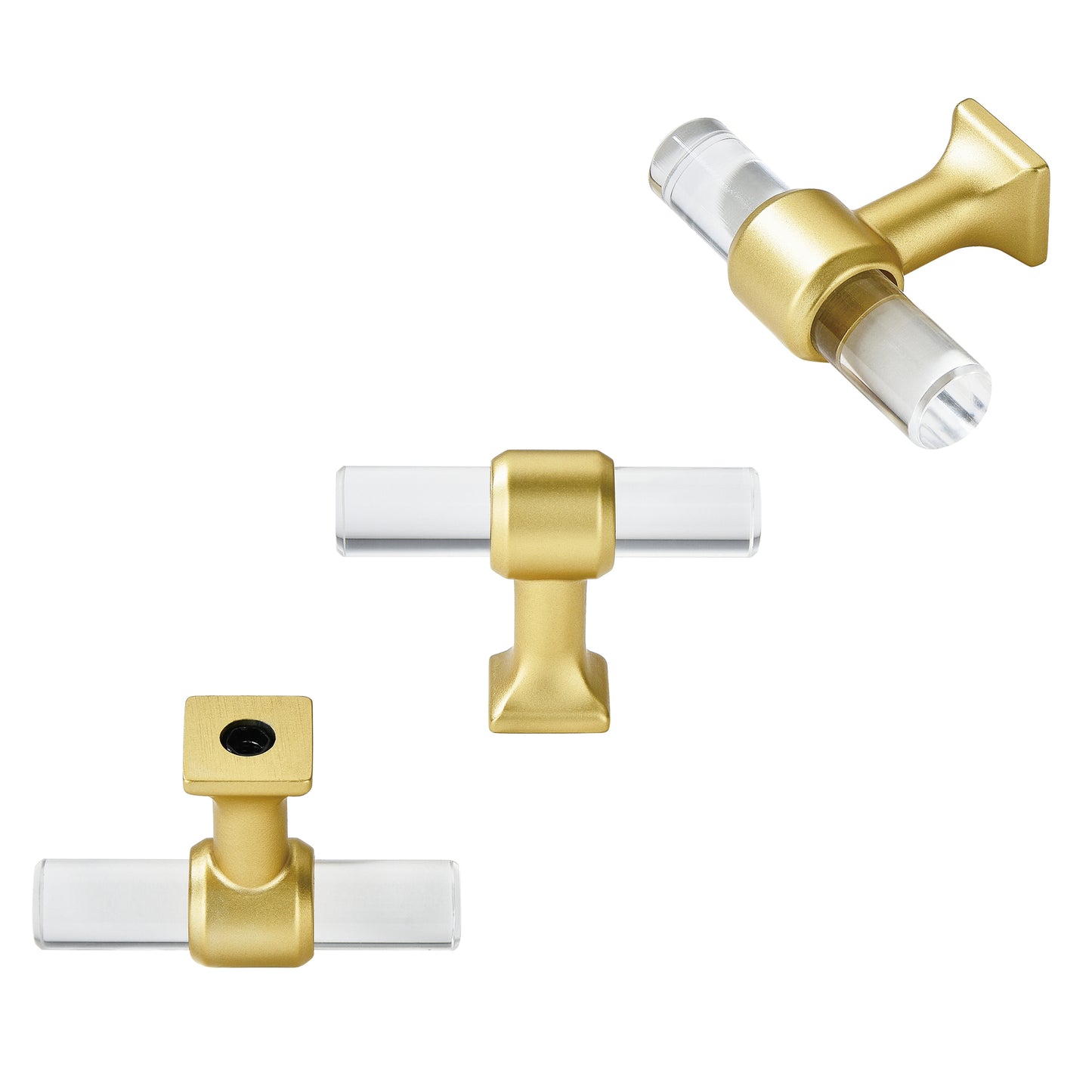 1 Pack Clear Acrylic Cabinet Knobs，Brushed Brass Drawer Knobs，Modern T Bar Gold Cabinet Knobs for Dresser Drawers Cupboard Wardrobe