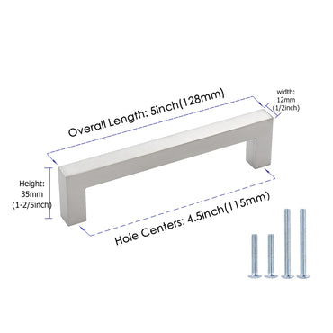 4-1/2 inch(115mm) Hole Center Cabinet Pulls Square Cabinet Handles for Kitchen Stainless Steel Brushed Nickel Drawer Pulls (5" Length）