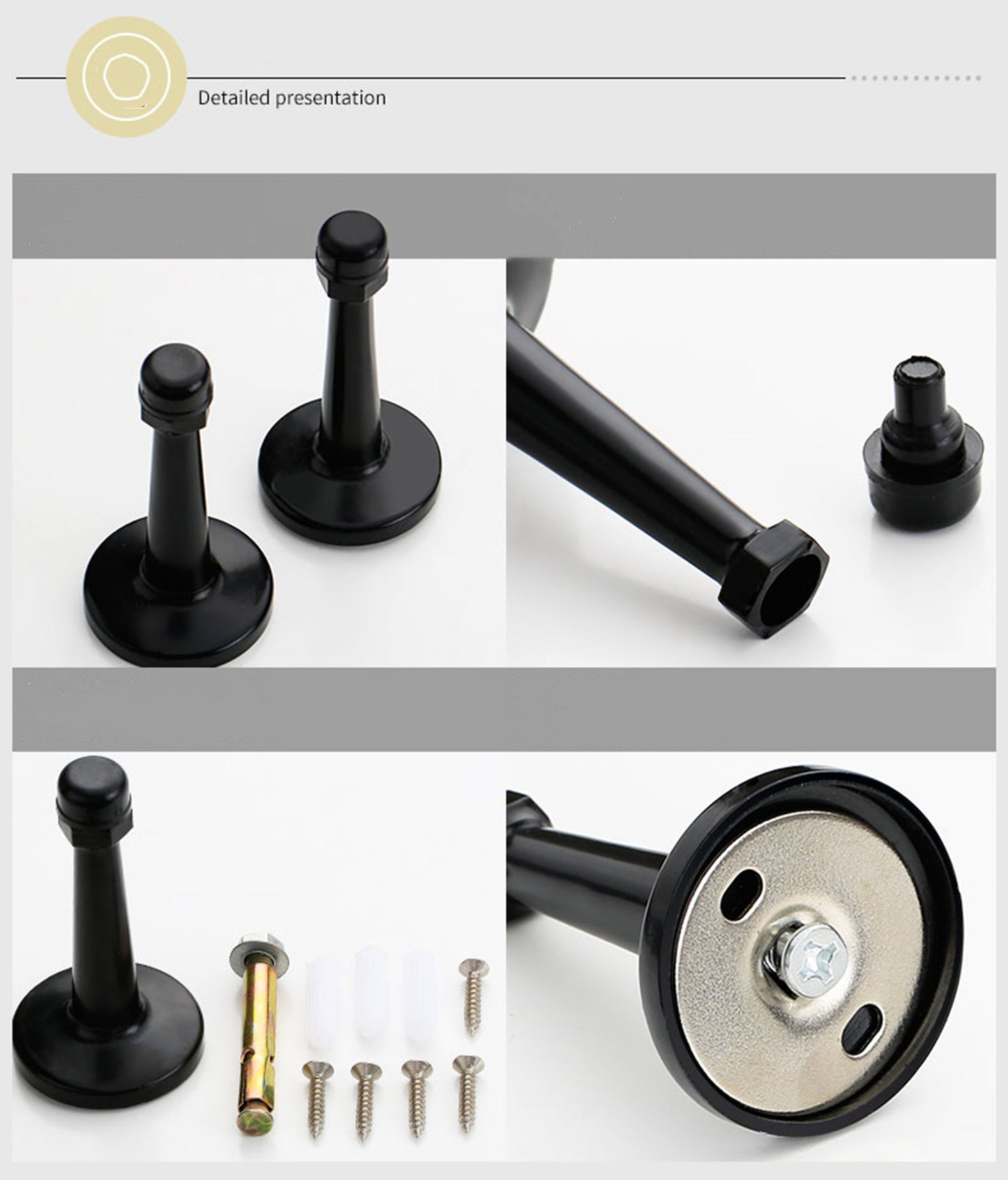 Modern Door Stopper，Heavy Duty Solid Door Stop，Durable Door Stoppers Wall Mounted with Black Soft Rubber Bumper Tips