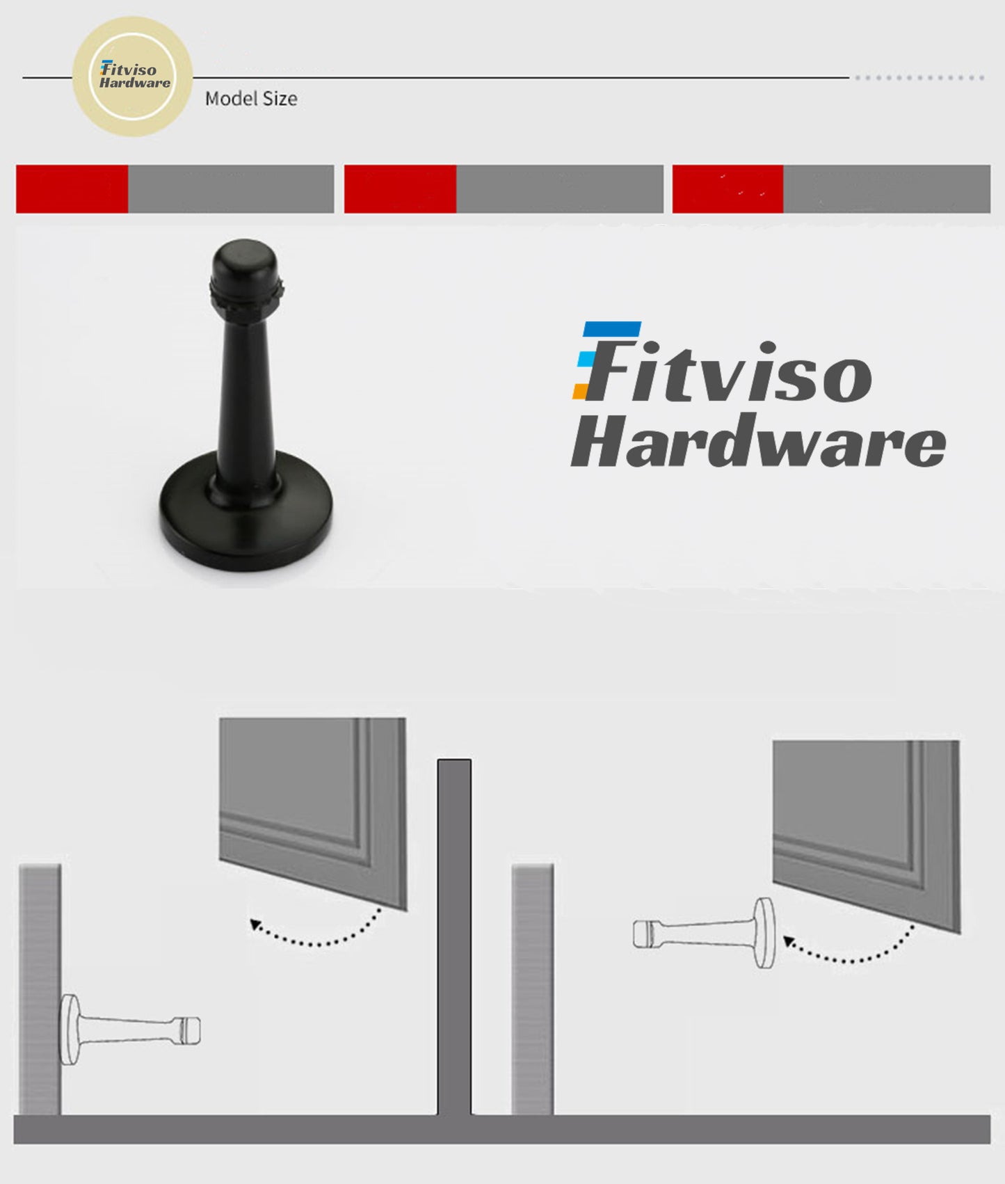 Modern Door Stopper，Heavy Duty Solid Door Stop，Durable Door Stoppers Wall Mounted with Black Soft Rubber Bumper Tips