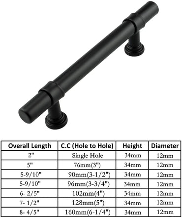 5in Black Drawer Pulls Kitchen Cabinet Handles - Matte Black T Bar Handle Pull - 5" (128mm) Hole Centers, 7.5" Overall Length