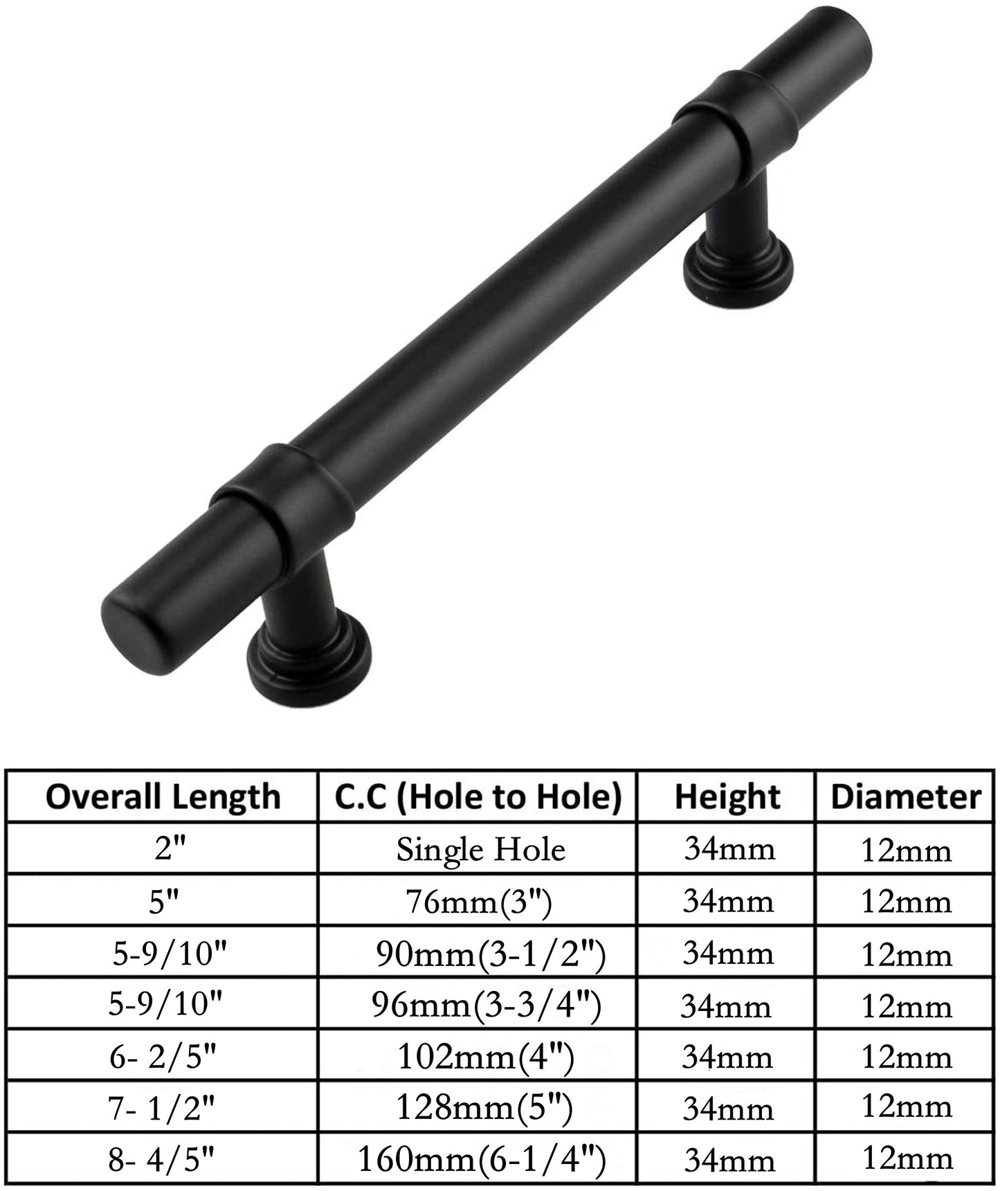 3in Kitchen Cabinet Handles Black Drawer Pulls - Matte Black T Bar Handle Pull - 3" (76mm) Hole Centers, 5" Overall Length