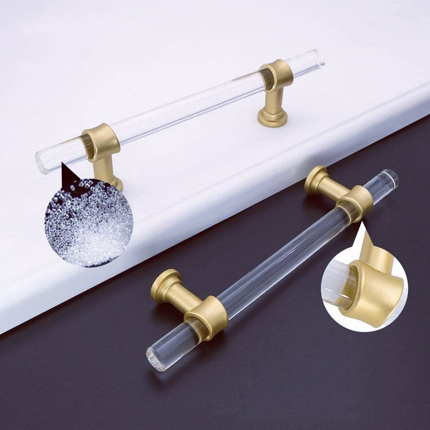 Brushed Brass Cabinet Pulls Arcylic Drawer Pulls - Acrylic Round Bar Series - Hole Centers(2-1/2 Inch，64mm)