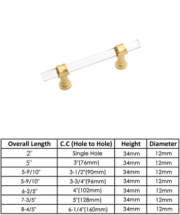 Brushed Brass Cabinet Pulls Dresser Drawer Pulls - Acrylic Round Bar Series - Hole Centers(3 Inch，76mm)
