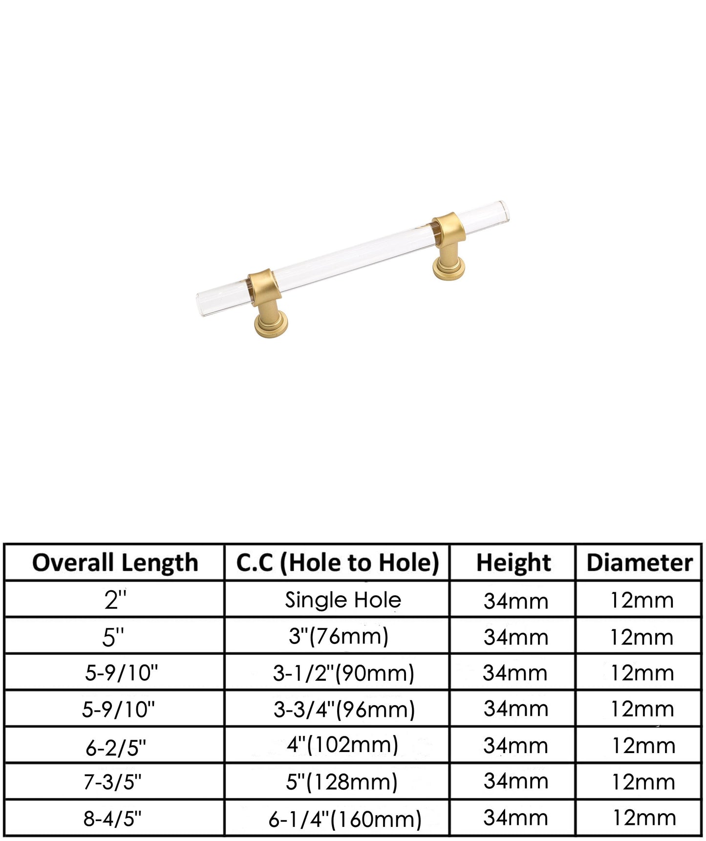 Acrylic Gold Drawer Pulls Cabinet Pulls - Acrylic Round Bar Series - Hole Centers(3-3/4 Inch，96mm)