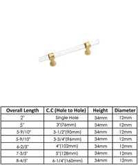 Brushed Brass Cabinet Pulls Dresser Drawer Handles - Acrylic Round Bar Series - Hole Centers(3-1/2 Inch，90mm)
