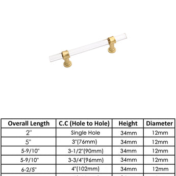 Brushed Brass Cabinet Pulls Dresser Drawer Handles - Acrylic Round Bar Series - Hole Centers(3-1/2 Inch，90mm)