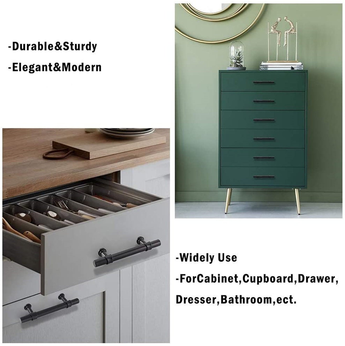 6.25in Black Drawer Pulls Kitchen Cabinet Handles - Matte Black T Bar Handle Pull - 6.25" (160mm) Hole Centers, 8.8" Overall Length