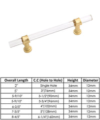 Brushed Brass Cabinet Pulls Arcylic Drawer Pulls - Acrylic Round Bar Series - Hole Centers(Knob,2.5",3",3.5,3.75,4",5",6.25",7.5",10")