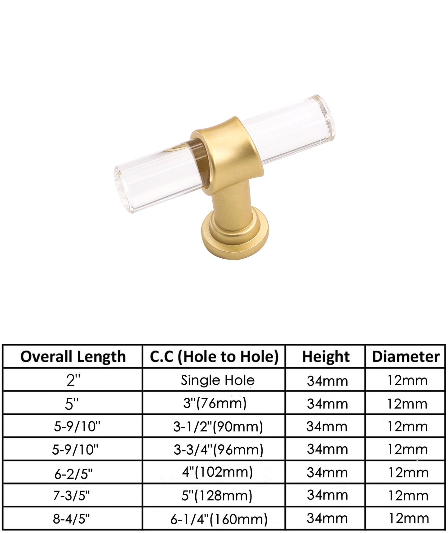 1 Pack Brushed Brass Cabinet Pulls Arcylic Drawer Pulls - Acrylic Round Bar Series - Hole Centers(Single Hole Knob)